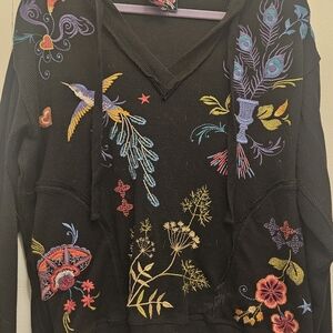 Johnny Was Black V-Neck Thermal with Colorful Embroidery